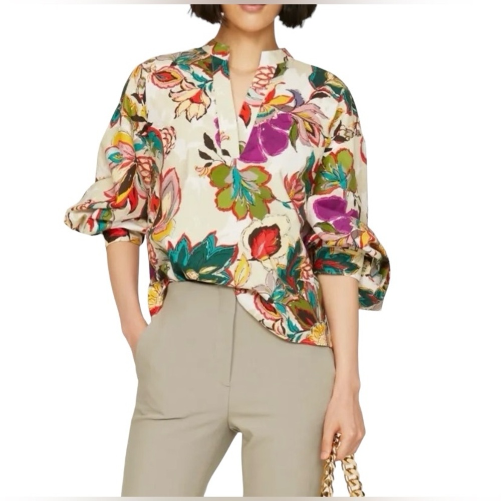 Natori floral print silk blend oversized blouse. Sz XL EUC - Picture 2 of 10